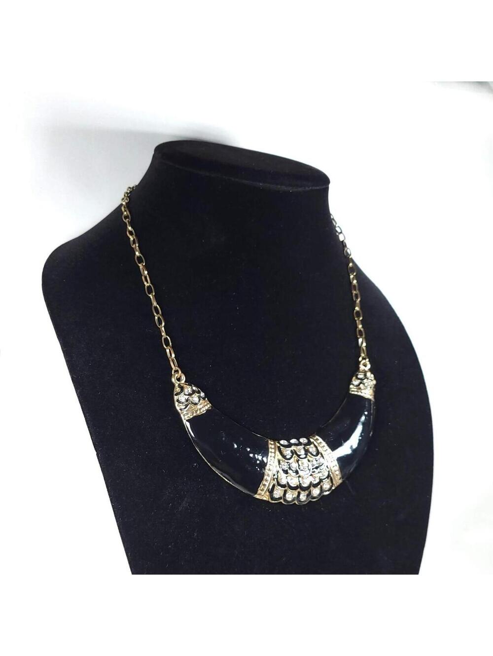 Antique Tone Bib Statement Necklace Black Enamel Peacock Design Rhinestone